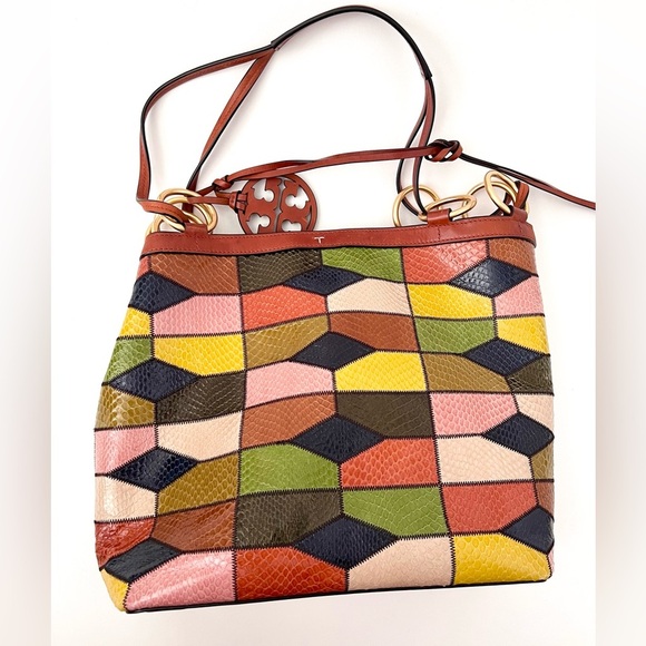 TORY BURCH || Farrah Leather Snakeskin Patchwork Multicolored Shoulder Bag - Picture 6 of 12